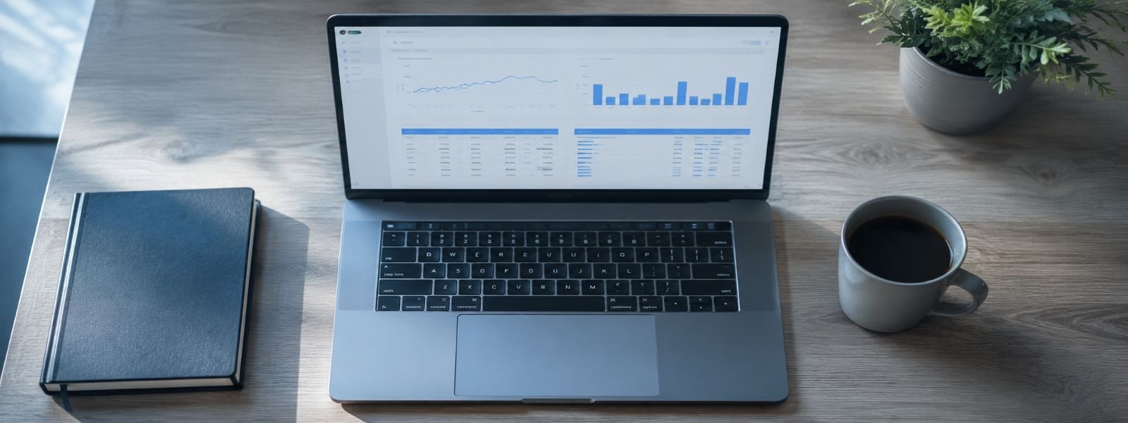 Laptop com a planilha aberta mostrando gráficos organizados de DRE Orçado x Realizado